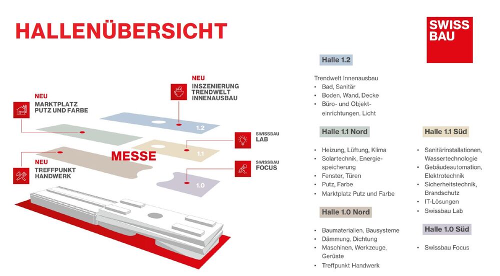 Hallenübersicht mit Fachbereichen.